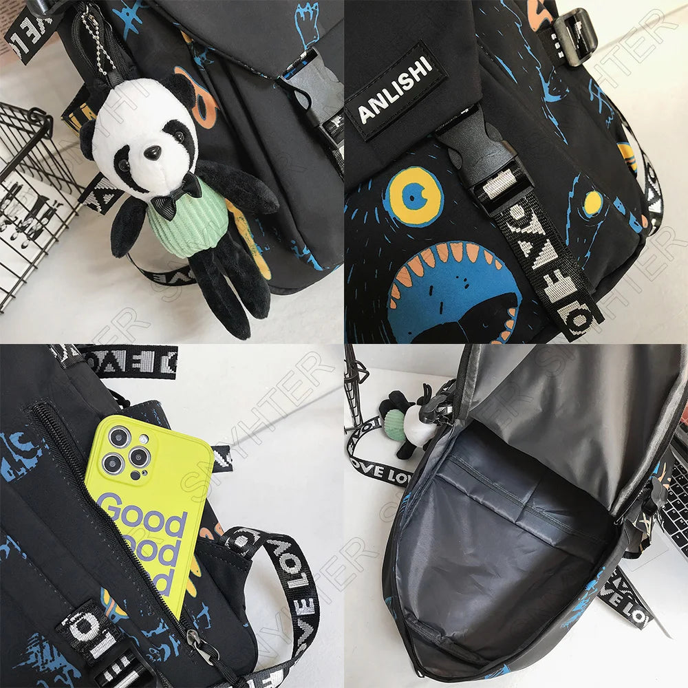 Women Men Graffiti Printing Harajuku Backpack Fashion Boy Girl College Bag Laptop Cute Female Travel Student Bag Ladies Backpack