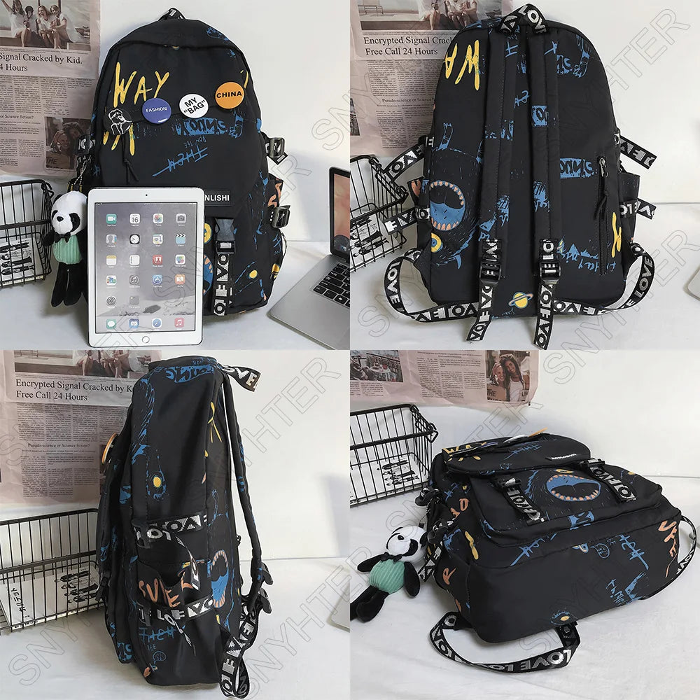 Women Men Graffiti Printing Harajuku Backpack Fashion Boy Girl College Bag Laptop Cute Female Travel Student Bag Ladies Backpack