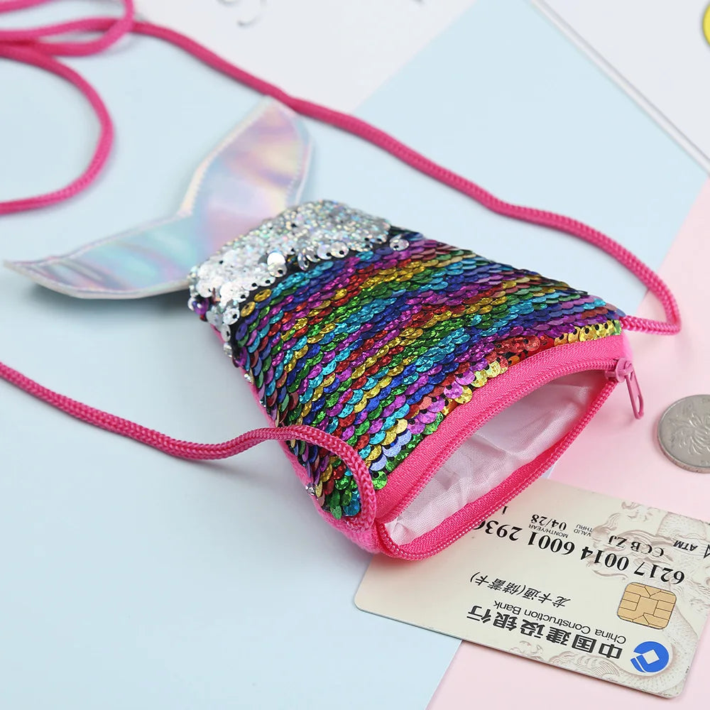 Women Mermaid Tail Sequins Coin Purse Girls Crossbody Bags Sling Money Change Card Holder Wallet Purse Bag Pouch For Kids Gifts