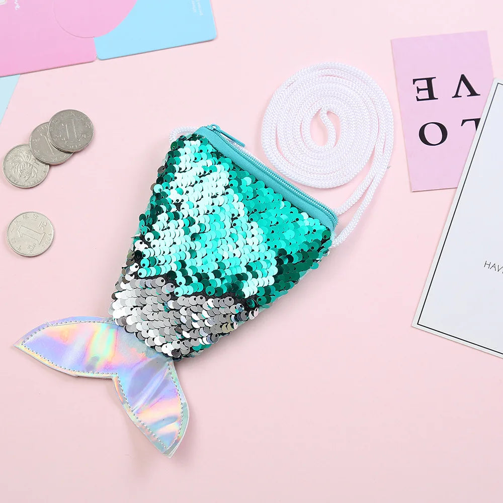 Women Mermaid Tail Sequins Coin Purse Girls Crossbody Bags Sling Money Change Card Holder Wallet Purse Bag Pouch For Kids Gifts