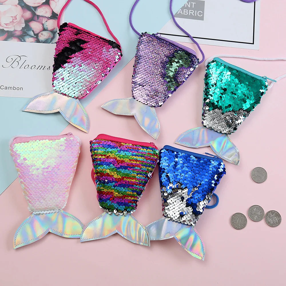 Women Mermaid Tail Sequins Coin Purse Girls Crossbody Bags Sling Money Change Card Holder Wallet Purse Bag Pouch For Kids Gifts