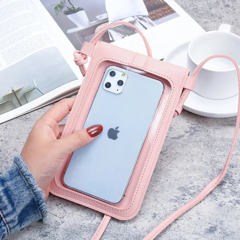 Women Mini Lock Mobile Phone Bag PU Leather Touch Screen Crossbody Wallets Female Retro Student Buckle Shoulder Bag and Purse