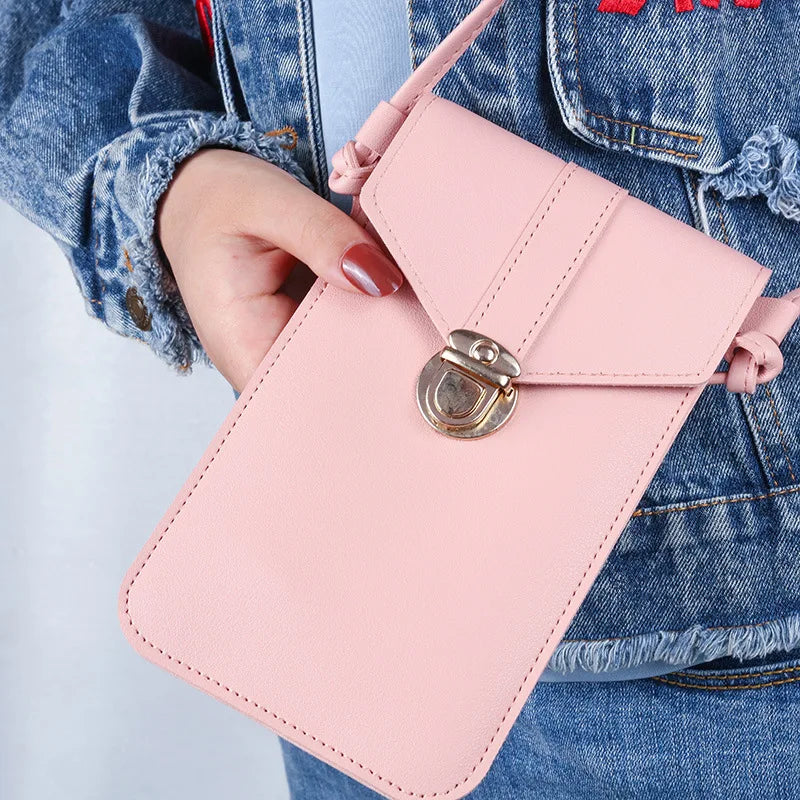 Women Mini Lock Mobile Phone Bag PU Leather Touch Screen Crossbody Wallets Female Retro Student Buckle Shoulder Bag and Purse