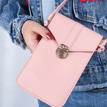 Women Mini Lock Mobile Phone Bag PU Leather Touch Screen Crossbody Wallets Female Retro Student Buckle Shoulder Bag and Purse