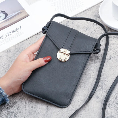 Women Mini Lock Mobile Phone Bag PU Leather Touch Screen Crossbody Wallets Female Retro Student Buckle Shoulder Bag and Purse