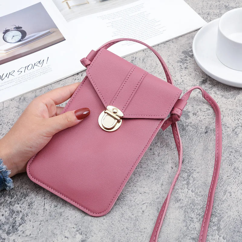 Women Mini Lock Mobile Phone Bag PU Leather Touch Screen Crossbody Wallets Female Retro Student Buckle Shoulder Bag and Purse