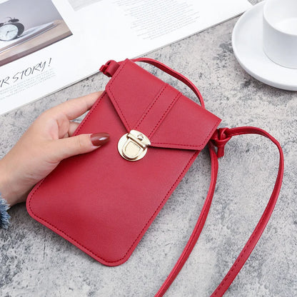 Women Mini Lock Mobile Phone Bag PU Leather Touch Screen Crossbody Wallets Female Retro Student Buckle Shoulder Bag and Purse