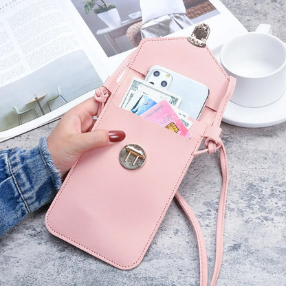 Women Mini Lock Mobile Phone Bag PU Leather Touch Screen Crossbody Wallets Female Retro Student Buckle Shoulder Bag and Purse