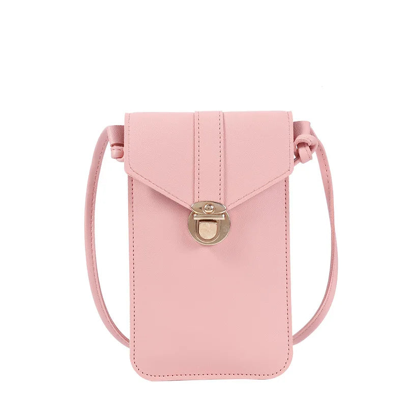 Women Mini Lock Mobile Phone Bag PU Leather Touch Screen Crossbody Wallets Female Retro Student Buckle Shoulder Bag and Purse