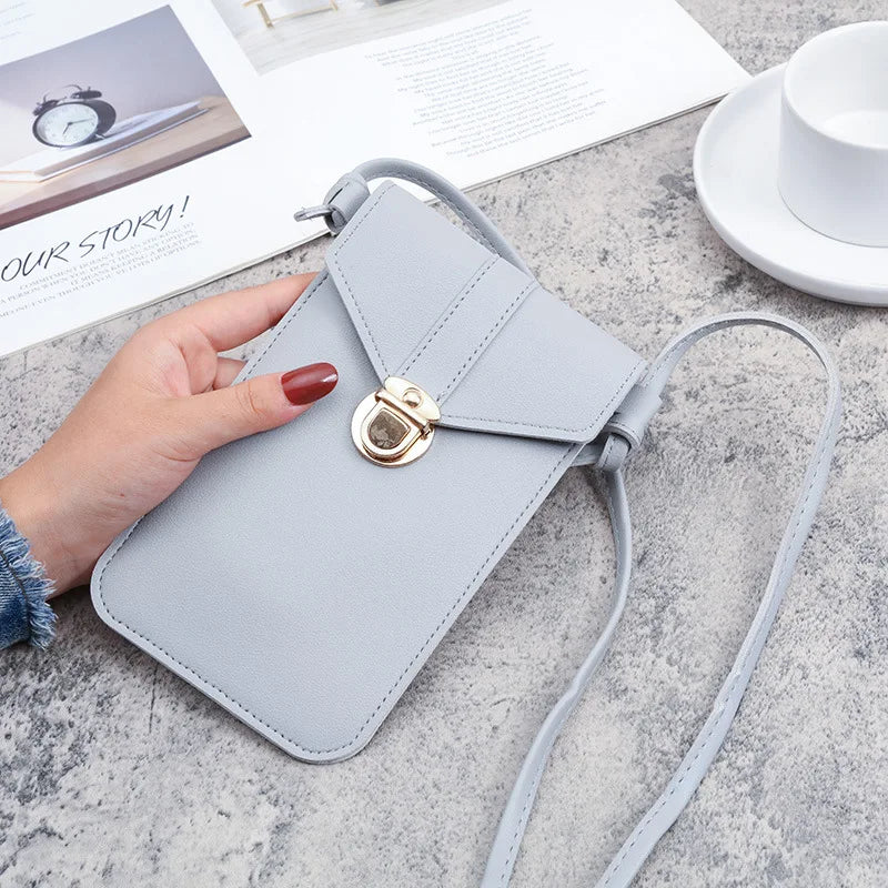 Women Mini Lock Mobile Phone Bag PU Leather Touch Screen Crossbody Wallets Female Retro Student Buckle Shoulder Bag and Purse