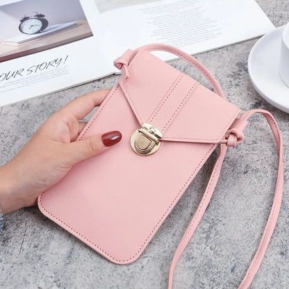 Women Mini Lock Mobile Phone Bag PU Leather Touch Screen Crossbody Wallets Female Retro Student Buckle Shoulder Bag and Purse