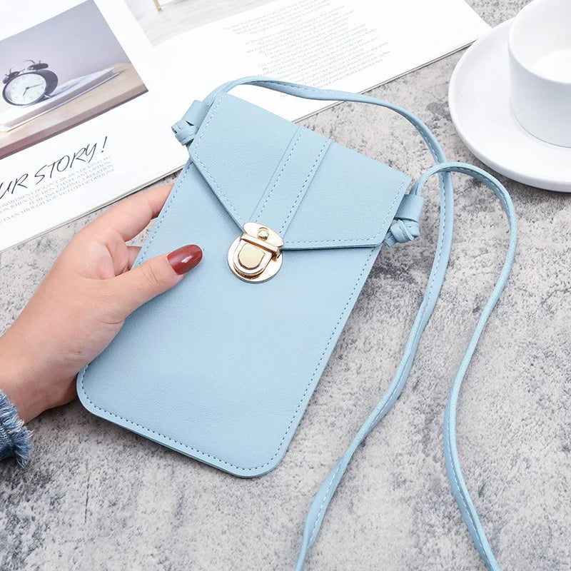 Women Mini Lock Mobile Phone Bag PU Leather Touch Screen Crossbody Wallets Female Retro Student Buckle Shoulder Bag and Purse