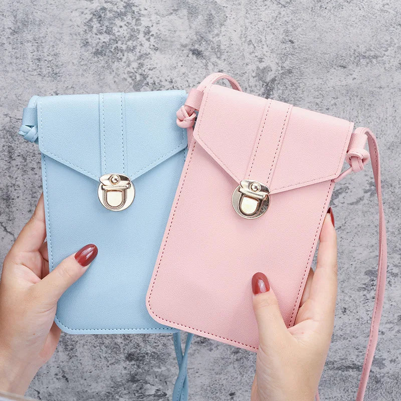 Women Mini Lock Mobile Phone Bag PU Leather Touch Screen Crossbody Wallets Female Retro Student Buckle Shoulder Bag and Purse
