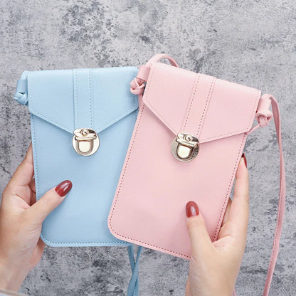 Women Mini Lock Mobile Phone Bag PU Leather Touch Screen Crossbody Wallets Female Retro Student Buckle Shoulder Bag and Purse