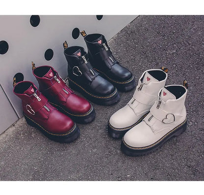 Women Moto Boots Student Girl Shoes Heart buckle Monk Straps Ankle Boots Mid Heels Round Toe Riding Boots
