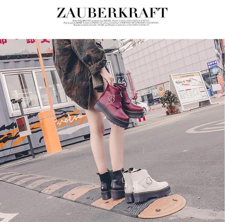 Women Moto Boots Student Girl Shoes Heart buckle Monk Straps Ankle Boots Mid Heels Round Toe Riding Boots