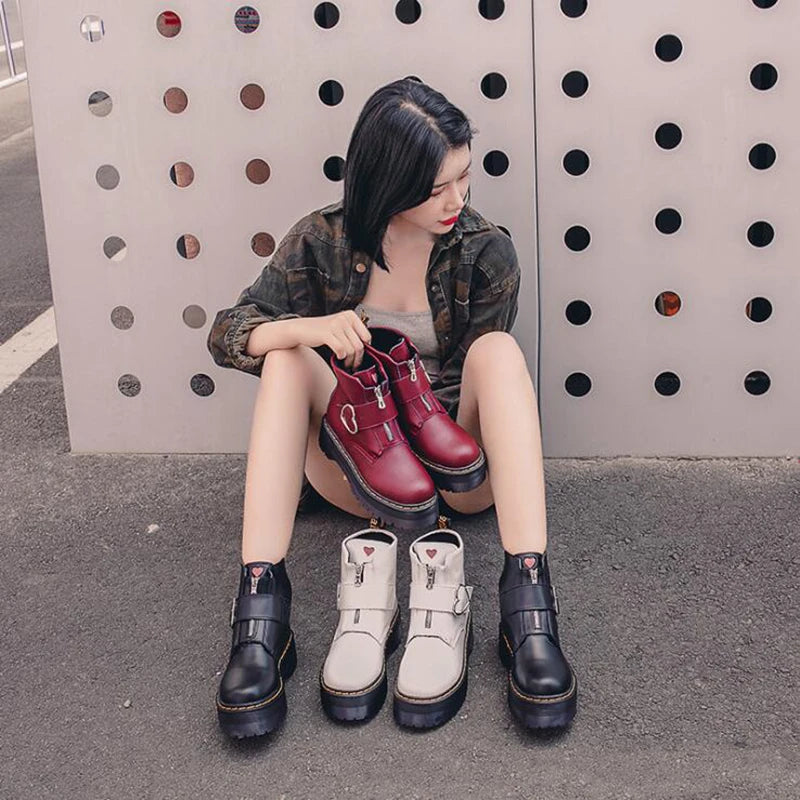 Women Moto Boots Student Girl Shoes Heart buckle Monk Straps Ankle Boots Mid Heels Round Toe Riding Boots
