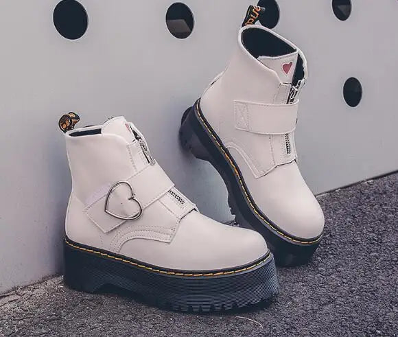 Women Moto Boots Student Girl Shoes Heart buckle Monk Straps Ankle Boots Mid Heels Round Toe Riding Boots