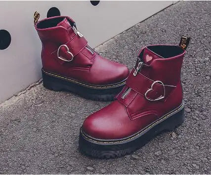 Women Moto Boots Student Girl Shoes Heart buckle Monk Straps Ankle Boots Mid Heels Round Toe Riding Boots