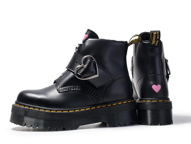 Women Moto Boots Student Girl Shoes Heart buckle Monk Straps Ankle Boots Mid Heels Round Toe Riding Boots