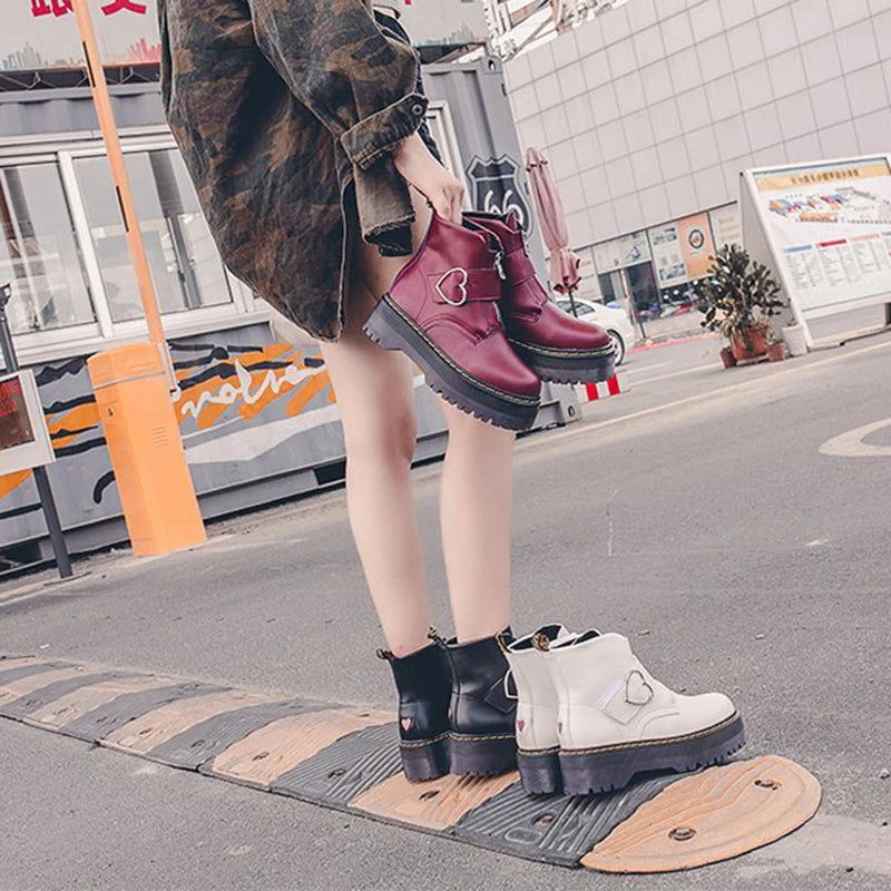 Women Moto Boots Student Girl Shoes Heart buckle Monk Straps Ankle Boots Mid Heels Round Toe Riding Boots