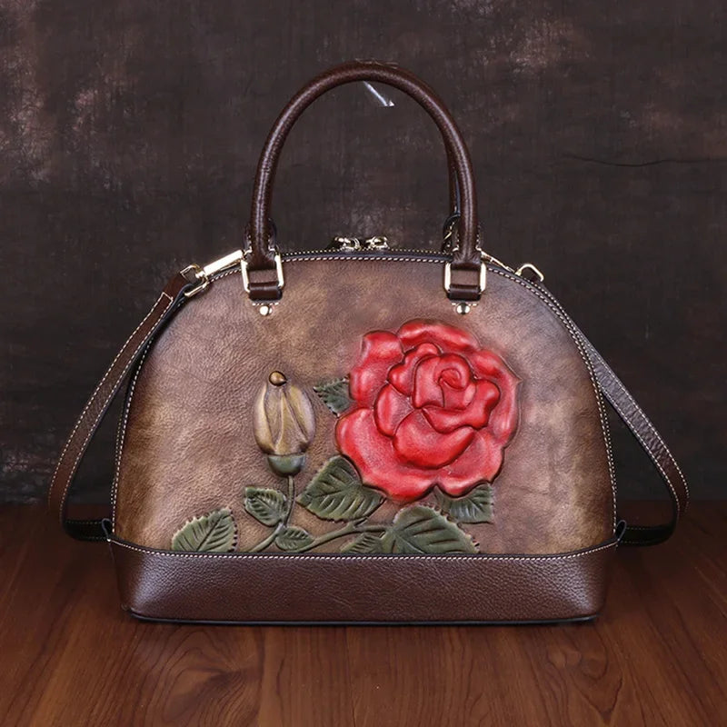 Women Natural Skin Shoulder Crossbody Handbag Luxury Rose Embossed Female Vintage Messenger Tote Bags Shell Genuine Leather Bag