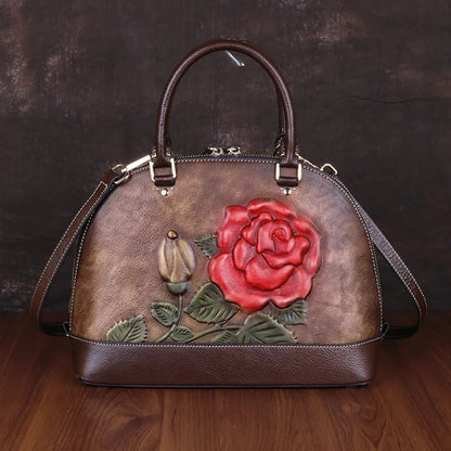 Women Natural Skin Shoulder Crossbody Handbag Luxury Rose Embossed Female Vintage Messenger Tote Bags Shell Genuine Leather Bag