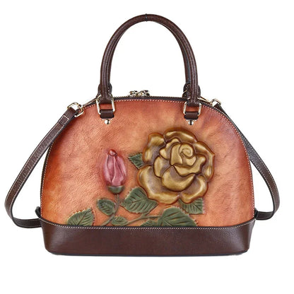 Women Natural Skin Shoulder Crossbody Handbag Luxury Rose Embossed Female Vintage Messenger Tote Bags Shell Genuine Leather Bag