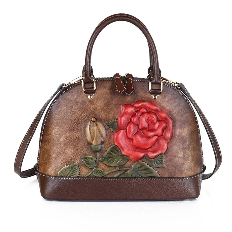 Women Natural Skin Shoulder Crossbody Handbag Luxury Rose Embossed Female Vintage Messenger Tote Bags Shell Genuine Leather Bag