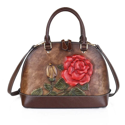 Women Natural Skin Shoulder Crossbody Handbag Luxury Rose Embossed Female Vintage Messenger Tote Bags Shell Genuine Leather Bag