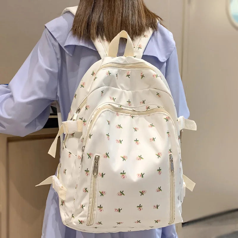 Women Nylon Kawaii Floral Waterproof Book Bag Female Laptop Fashion Ladies Cute College Backpacks Girl Travel School Bag Student