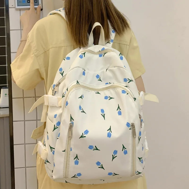 Women Nylon Kawaii Floral Waterproof Book Bag Female Laptop Fashion Ladies Cute College Backpacks Girl Travel School Bag Student