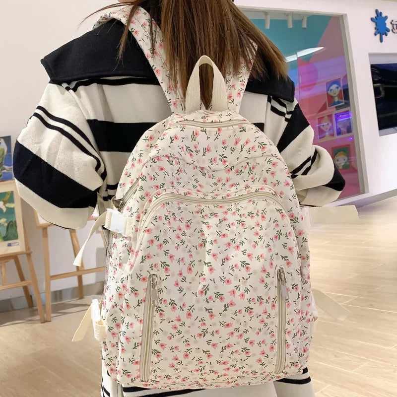 Women Nylon Kawaii Floral Waterproof Book Bag Female Laptop Fashion Ladies Cute College Backpacks Girl Travel School Bag Student