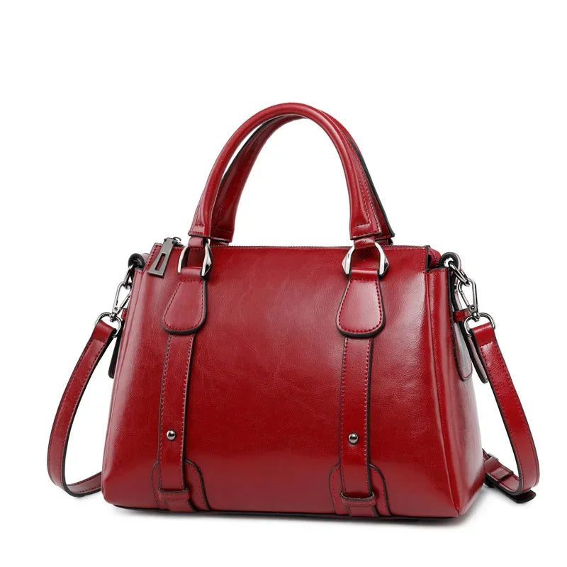 Women Oil Wax Cowhide Top Handle Messenger Bags Tote Handbag Genuine Leather Casual Fashion Shoulder Crossbody Bag