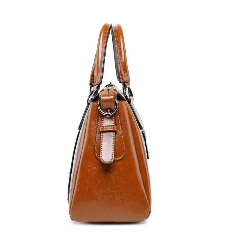 Women Oil Wax Cowhide Top Handle Messenger Bags Tote Handbag Genuine Leather Casual Fashion Shoulder Crossbody Bag