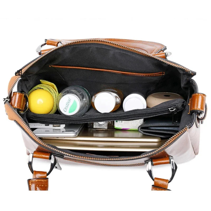 Women Oil Wax Cowhide Top Handle Messenger Bags Tote Handbag Genuine Leather Casual Fashion Shoulder Crossbody Bag