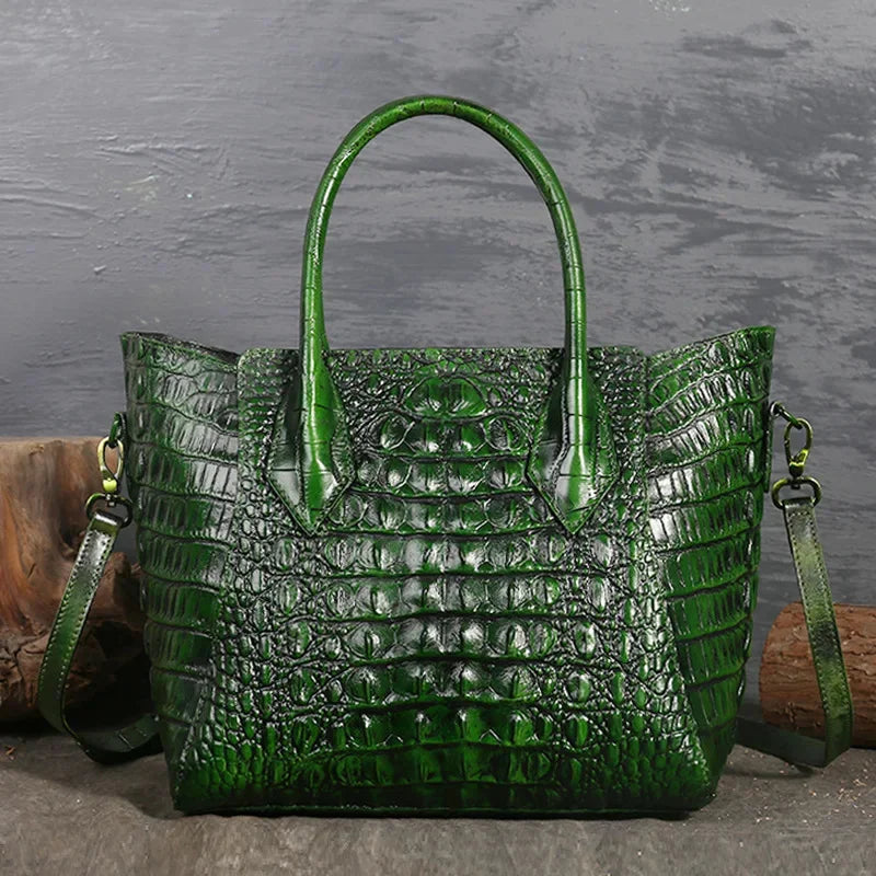 Women Oil Wax Genuine Leather Shoulder Top Handle Bag Crocodile Pattern Luxury Ladies Messenger Cowhide Cross Body Tote Handbag