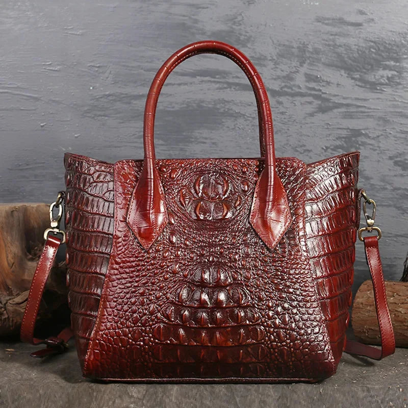 Women Oil Wax Genuine Leather Shoulder Top Handle Bag Crocodile Pattern Luxury Ladies Messenger Cowhide Cross Body Tote Handbag