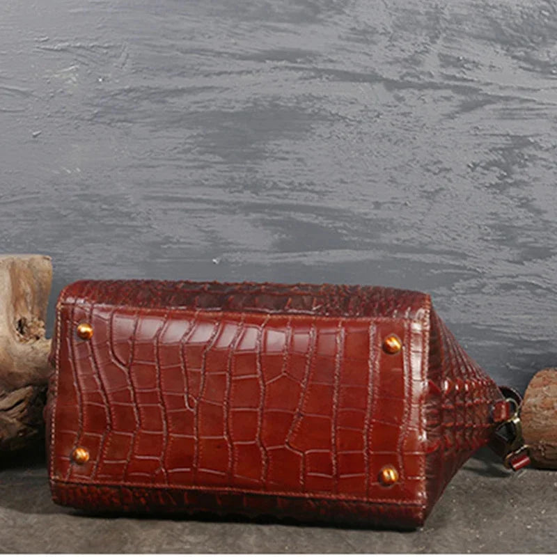 Women Oil Wax Genuine Leather Shoulder Top Handle Bag Crocodile Pattern Luxury Ladies Messenger Cowhide Cross Body Tote Handbag