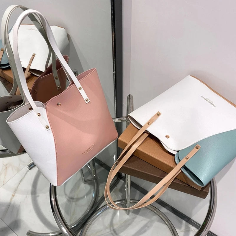 Women PU Leather Shoulder Bag with Handles Cosmetic Makeup Organizer
