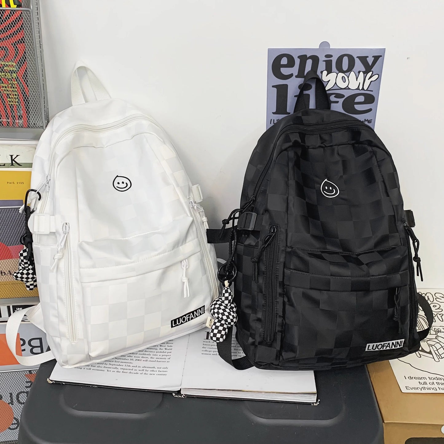 Women Plaid Leisure School Bag Girl Travel Laptop Student Backpack Female Teenager Book Bags Ladies Nylon College Packet Fashion