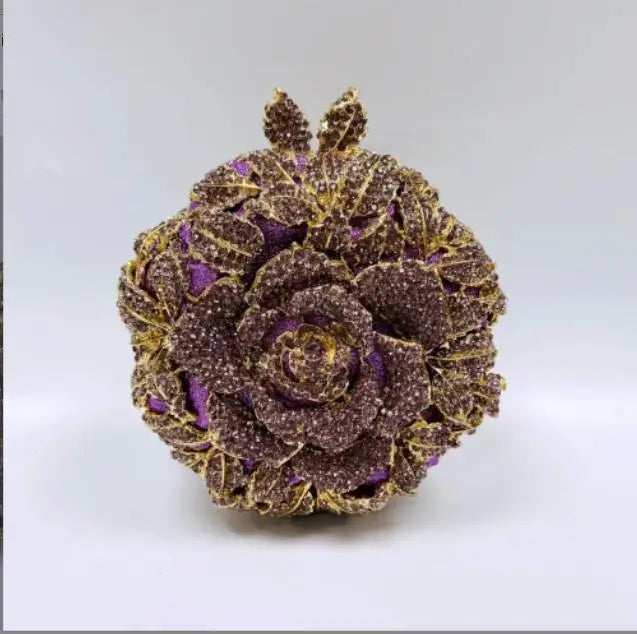 Women Purple Gold Silver Green Rose Clutches Diamond Crystal Flower Dinner Handbag Gala Party Purse Wedding Bridal Evening Bag