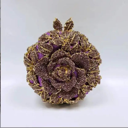 Women Purple Gold Silver Green Rose Clutches Diamond Crystal Flower Dinner Handbag Gala Party Purse Wedding Bridal Evening Bag