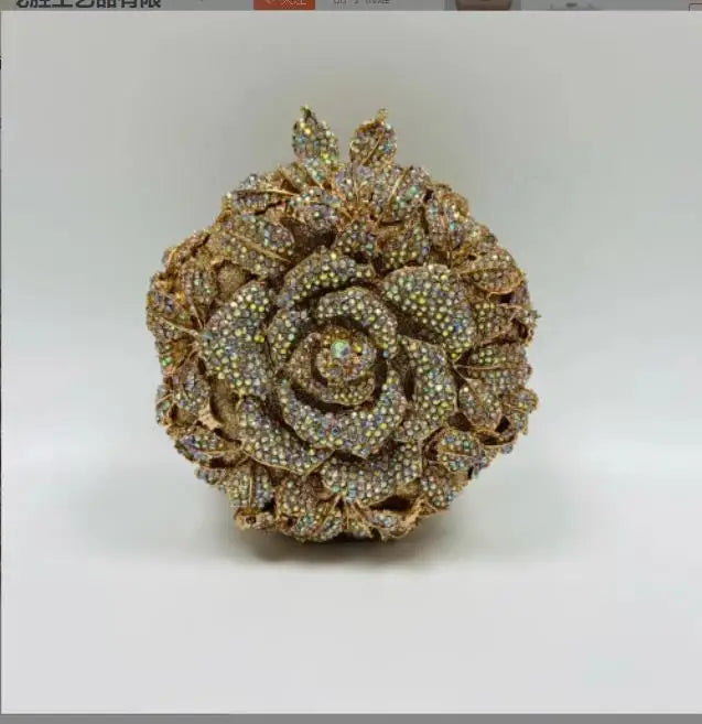 Women Purple Gold Silver Green Rose Clutches Diamond Crystal Flower Dinner Handbag Gala Party Purse Wedding Bridal Evening Bag