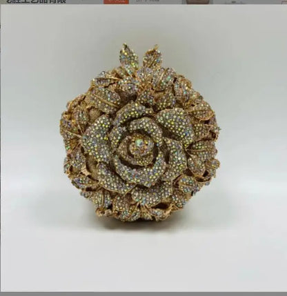 Women Purple Gold Silver Green Rose Clutches Diamond Crystal Flower Dinner Handbag Gala Party Purse Wedding Bridal Evening Bag