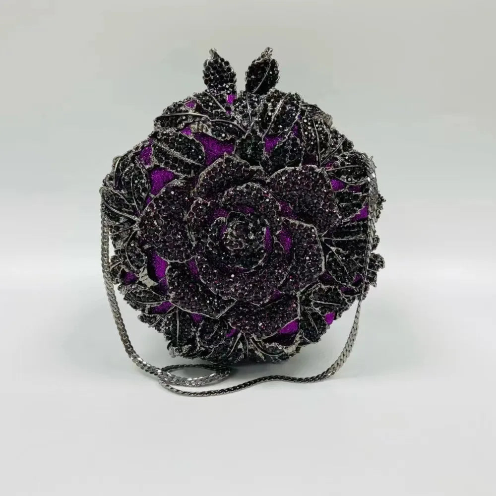 Women Purple Gold Silver Green Rose Clutches Diamond Crystal Flower Dinner Handbag Gala Party Purse Wedding Bridal Evening Bag