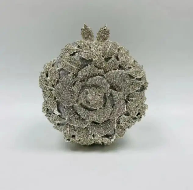 Women Purple Gold Silver Green Rose Clutches Diamond Crystal Flower Dinner Handbag Gala Party Purse Wedding Bridal Evening Bag