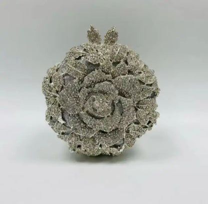 Women Purple Gold Silver Green Rose Clutches Diamond Crystal Flower Dinner Handbag Gala Party Purse Wedding Bridal Evening Bag