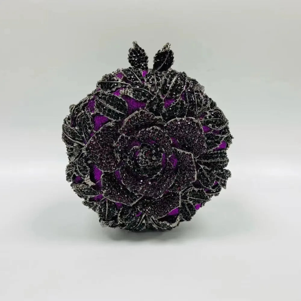 Women Purple Gold Silver Green Rose Clutches Diamond Crystal Flower Dinner Handbag Gala Party Purse Wedding Bridal Evening Bag