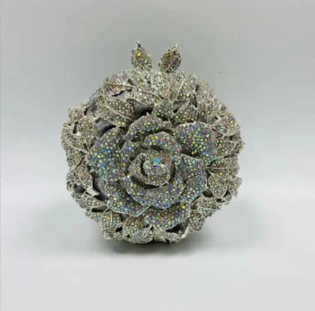 Women Purple Gold Silver Green Rose Clutches Diamond Crystal Flower Dinner Handbag Gala Party Purse Wedding Bridal Evening Bag